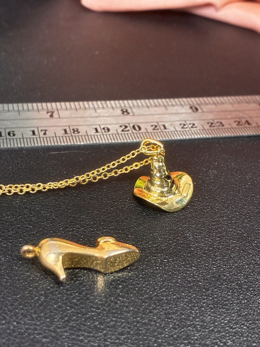 Vintage JCM 1982 Witch Hat Necklace High Heel Charm Brass Hong Kong Halloween